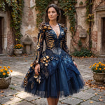 Gothic Costume Dress Skeleton Appliqués Gold-Tone Flowers Layered Skirt