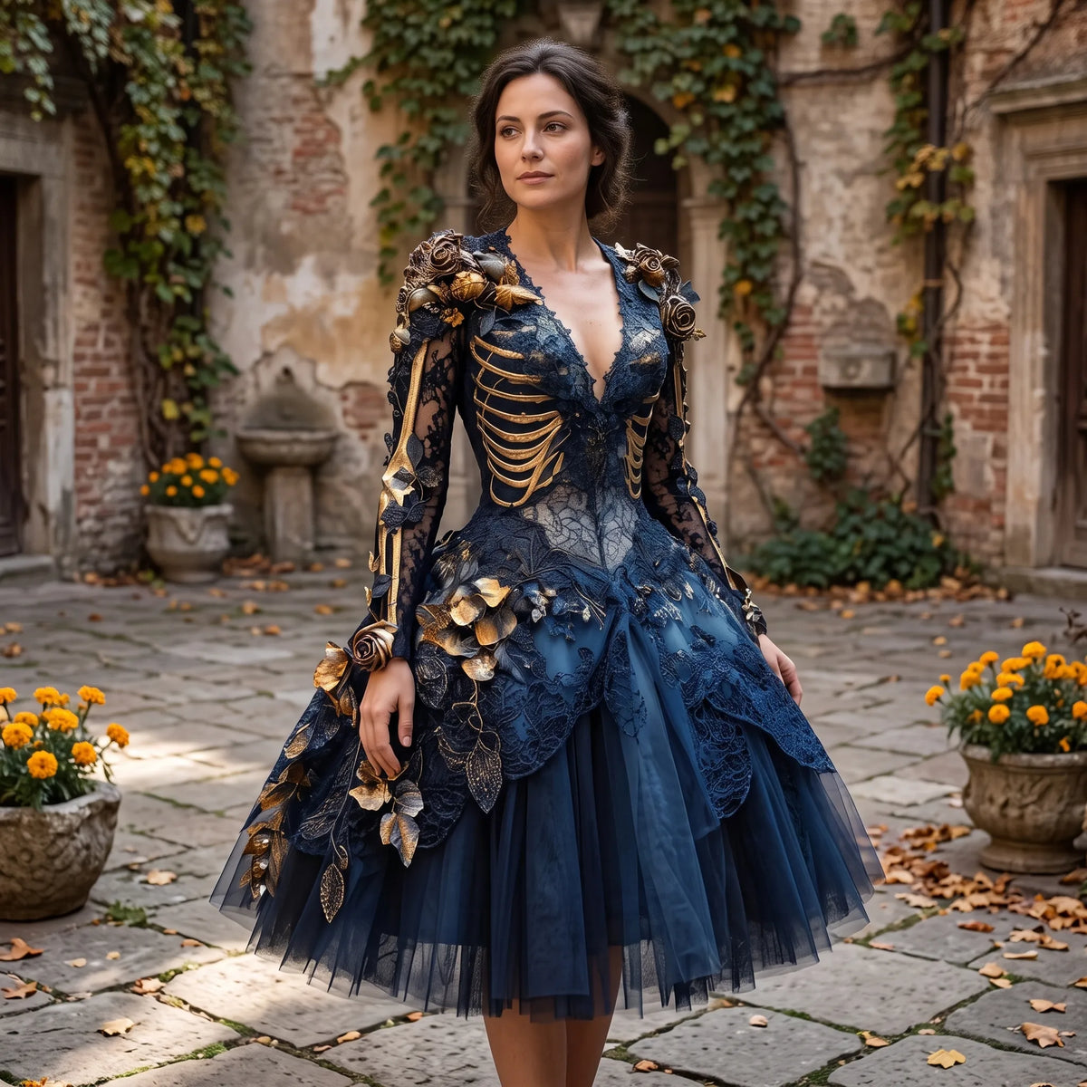 Gothic Costume Dress Skeleton Appliqués Gold-Tone Flowers Layered Skirt