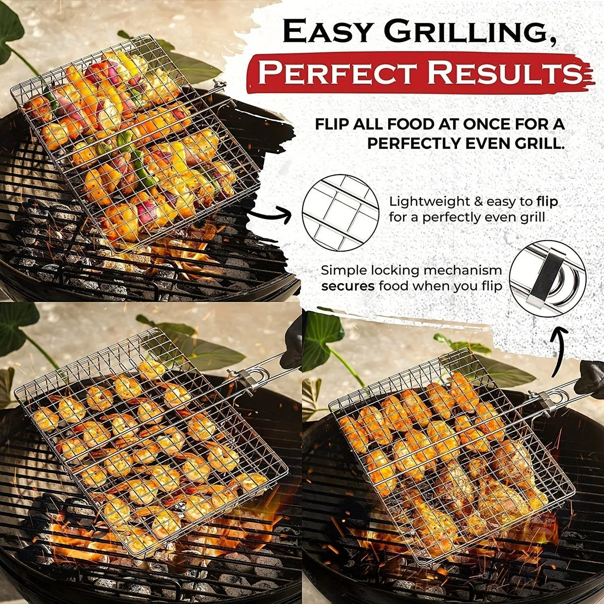 Grill Basket Foldable Stainless Steel Locking Handle