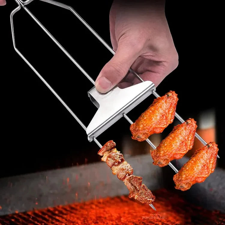 Grill Skewer Set Three-Prong Pull-Release 9 Inch Stainless Steel