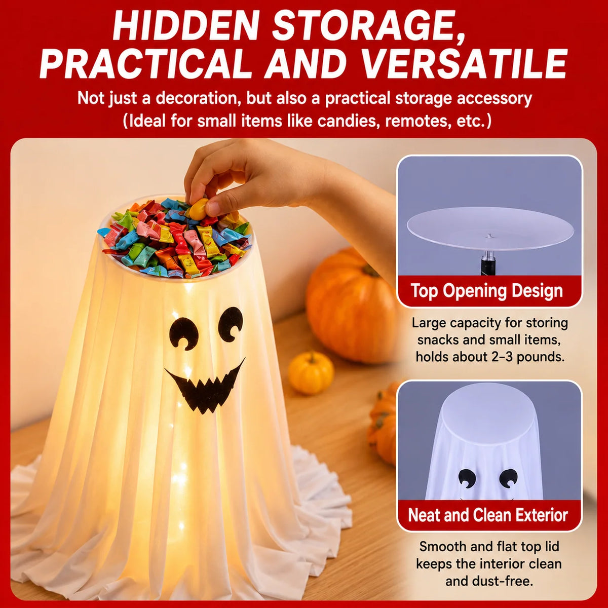 Halloween Candy Holder Ghost Decoration LED Lights Hidden Storage Tray