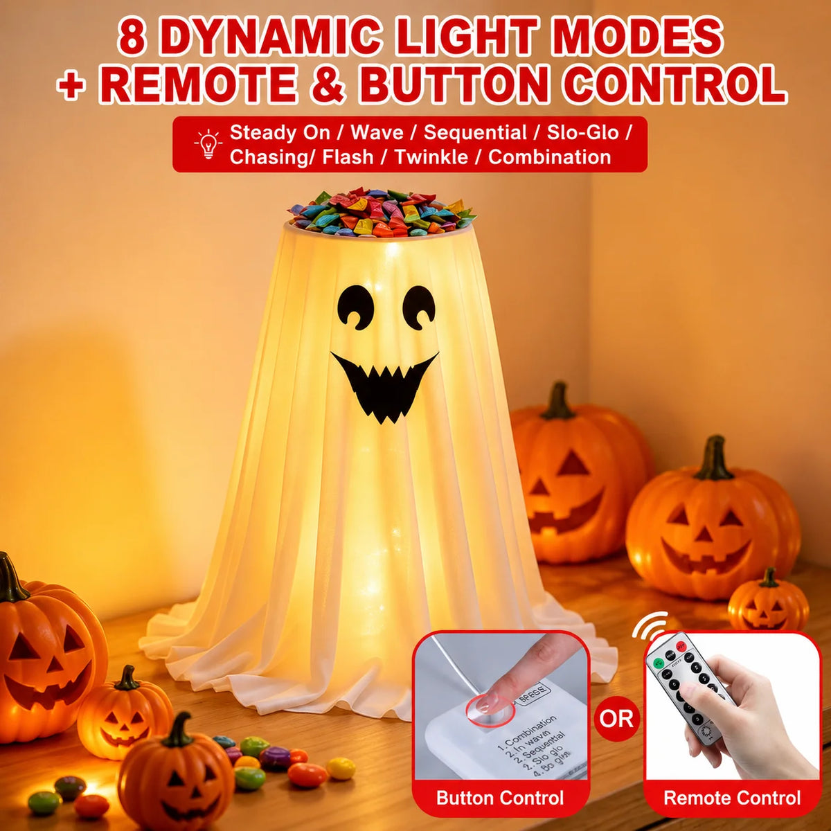 Halloween Candy Holder Ghost Decoration LED Lights Hidden Storage Tray