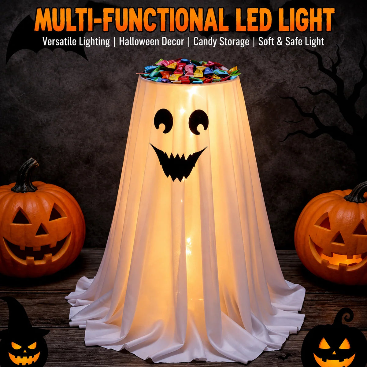 Halloween Candy Holder Ghost Decoration LED Lights Hidden Storage Tray