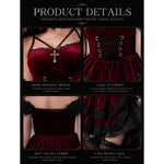 Halloween Costume Gothic Burgundy Black Lace 4-Piece Set