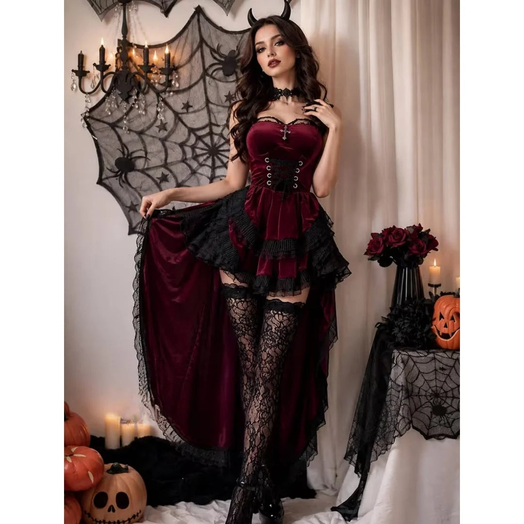 Halloween Costume Gothic Burgundy Black Lace 4-Piece Set