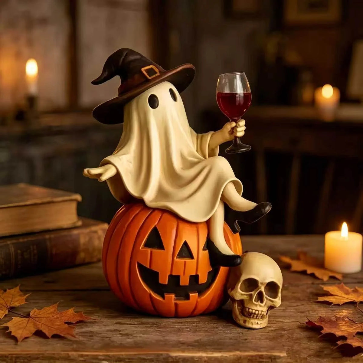 Halloween Figure Polyresin Ghost on Pumpkin Indoor & Outdoor Decor