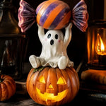 Halloween Figure Polyresin Ghost on Pumpkin Indoor & Outdoor Decor