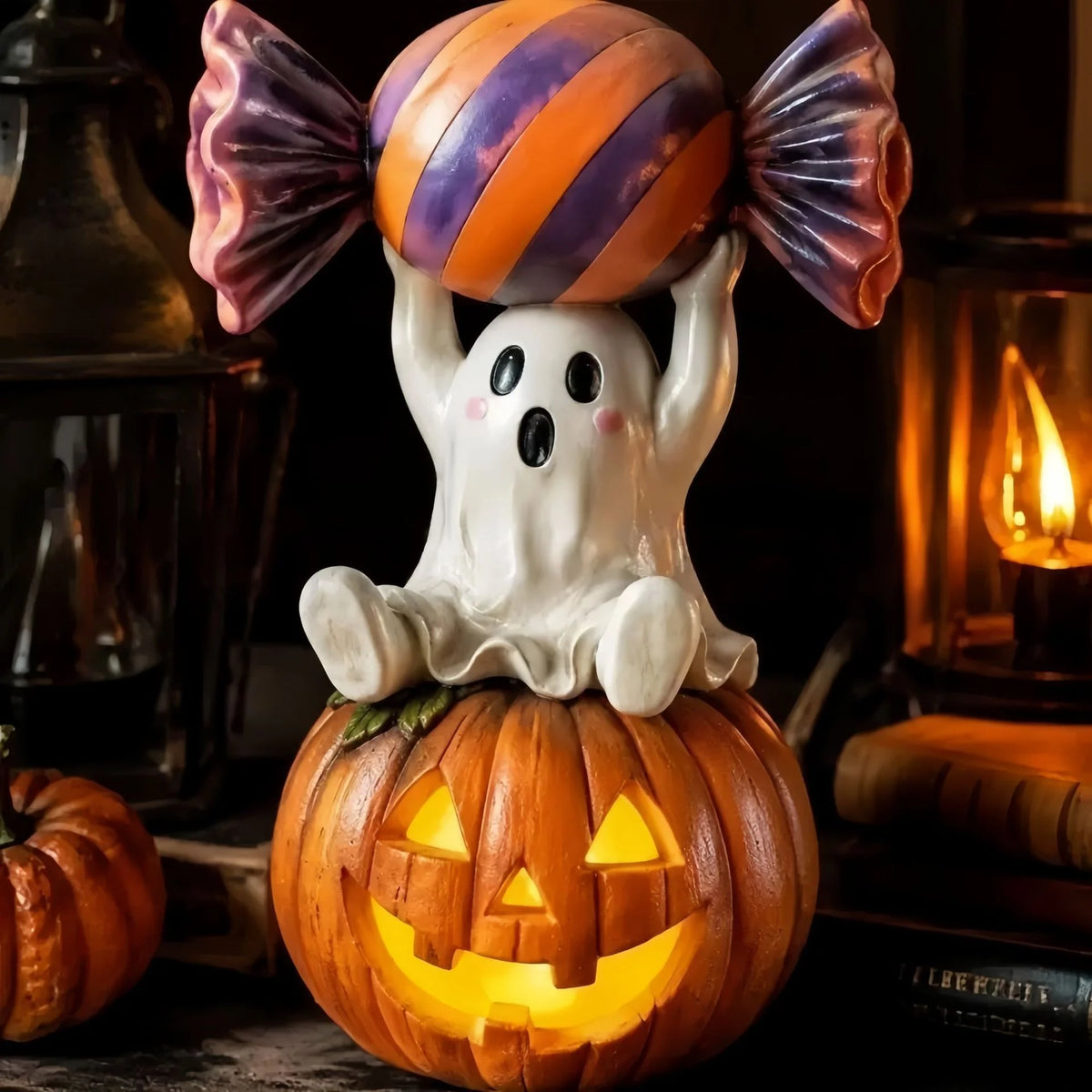 Halloween Figure Polyresin Ghost on Pumpkin Indoor & Outdoor Decor
