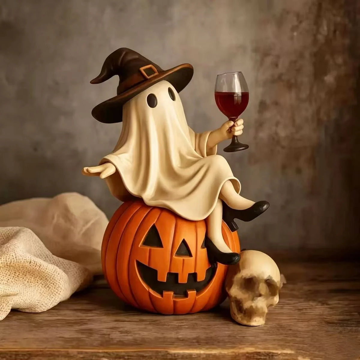 Halloween Figure Polyresin Ghost on Pumpkin Indoor & Outdoor Decor