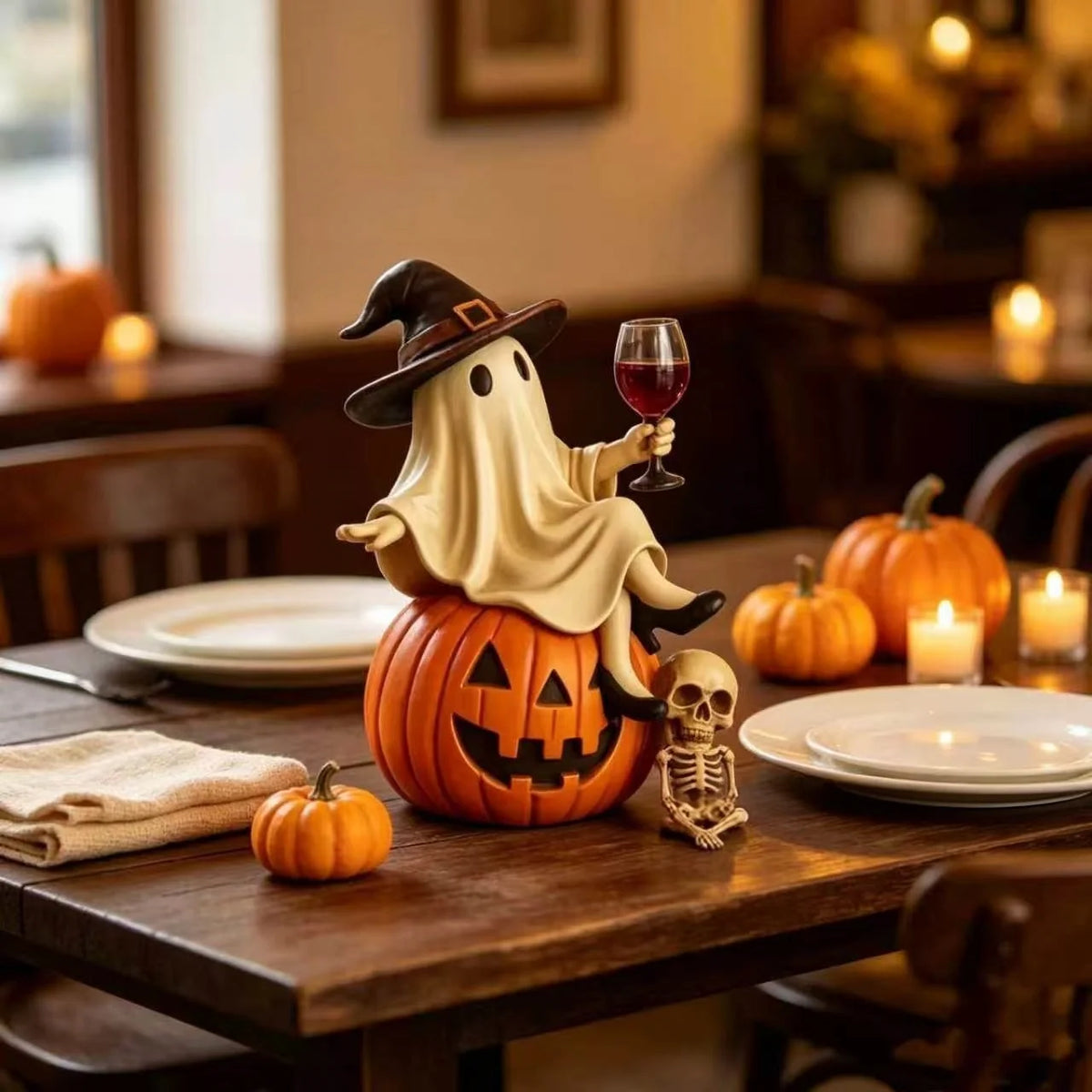 Halloween Figure Polyresin Ghost on Pumpkin Indoor & Outdoor Decor