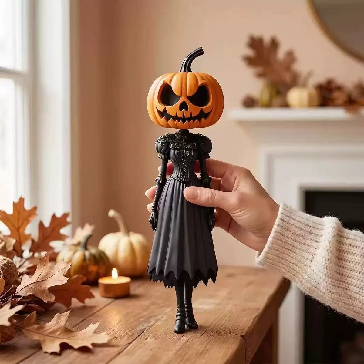 Halloween Figurine Pumpkin Head Black Dress 13.8-Inch Tall