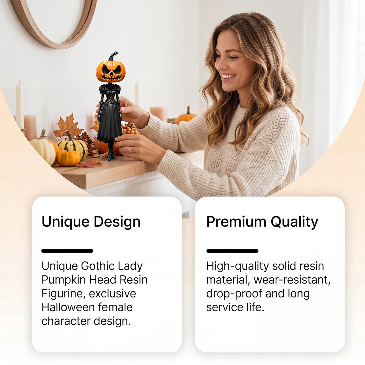 Halloween Figurine Pumpkin Head Black Dress 13.8-Inch Tall