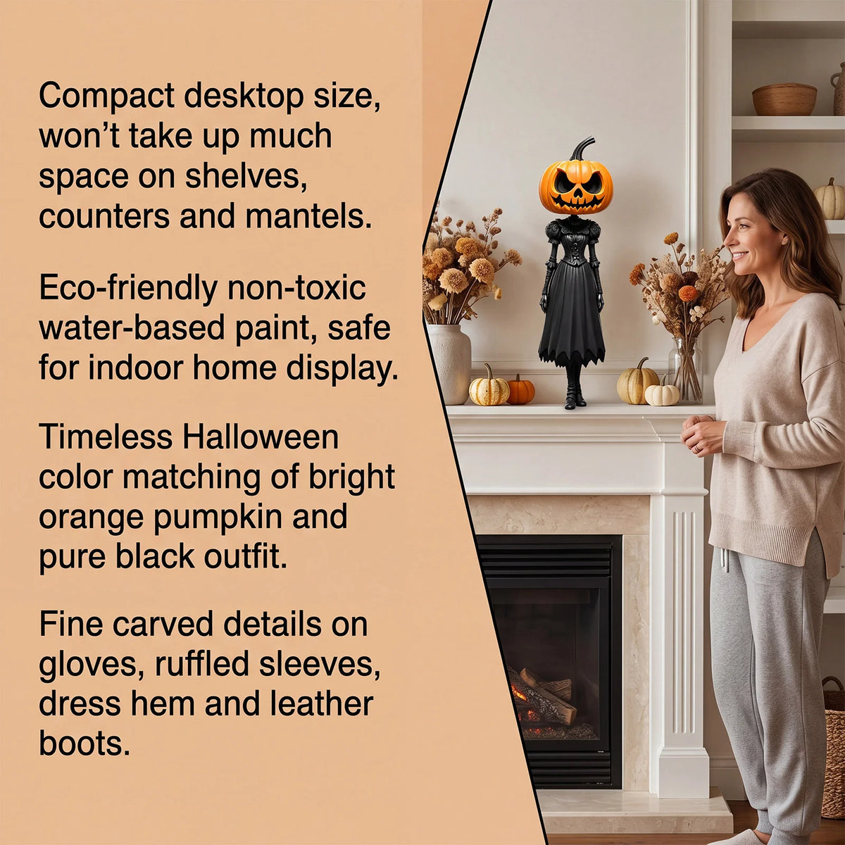 Halloween Figurine Pumpkin Head Black Dress 13.8-Inch Tall