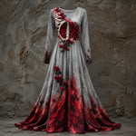 Halloween Gown Dress Skeletal Bodice Long Sleeve Maxi Length Dip-Dye Skirt