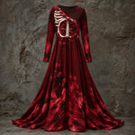 Halloween Gown Dress Skeletal Bodice Long Sleeve Maxi Length Dip-Dye Skirt