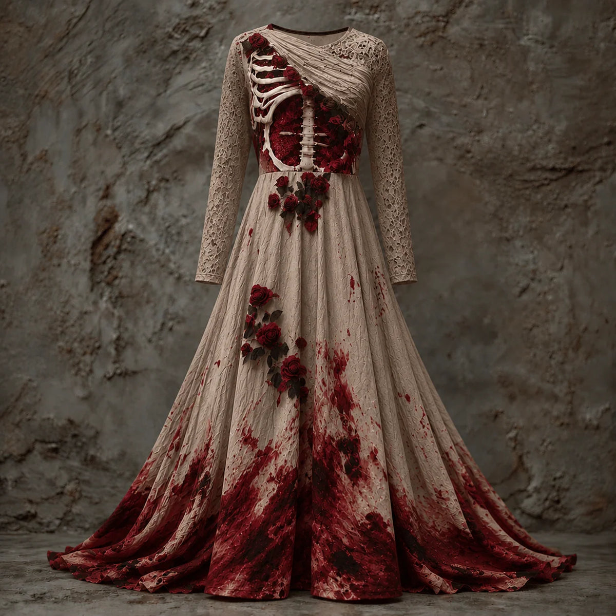 Halloween Gown Dress Skeletal Bodice Long Sleeve Maxi Length Dip-Dye Skirt