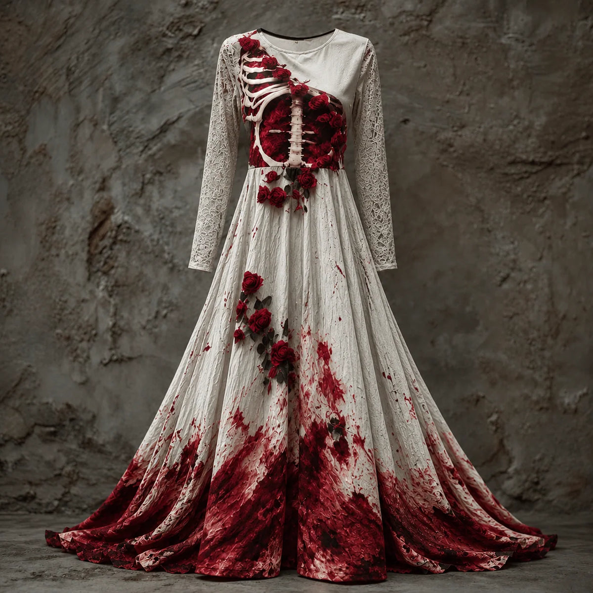 Halloween Gown Dress Skeletal Bodice Long Sleeve Maxi Length Dip-Dye Skirt