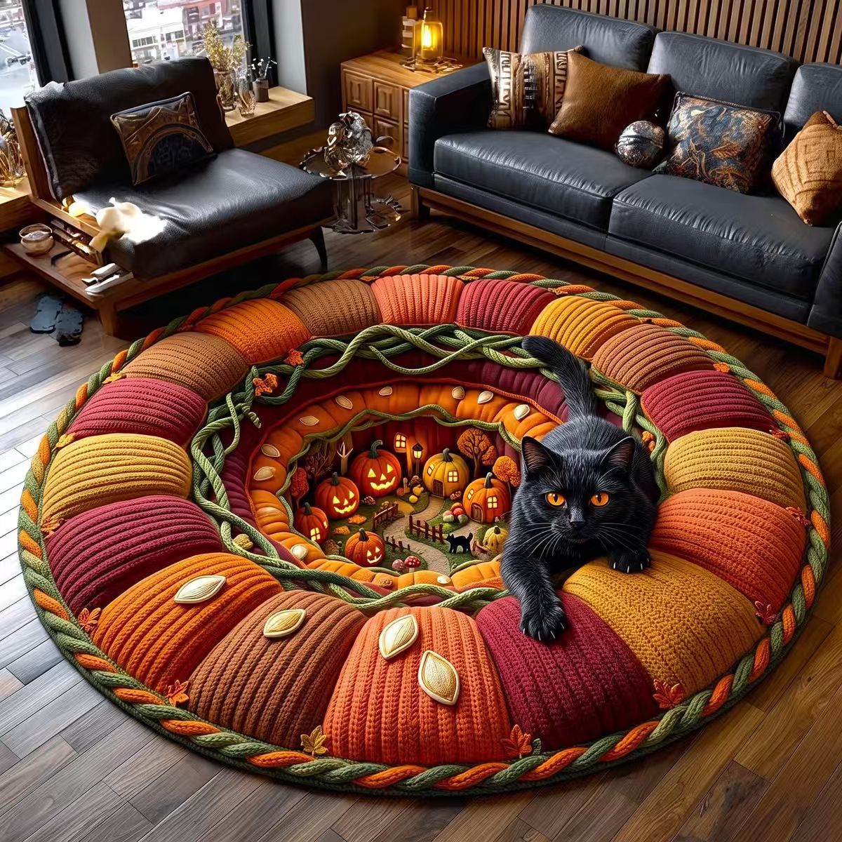 Halloween Rug 3D Pumpkin & Lantern Design Spot-Cleanable