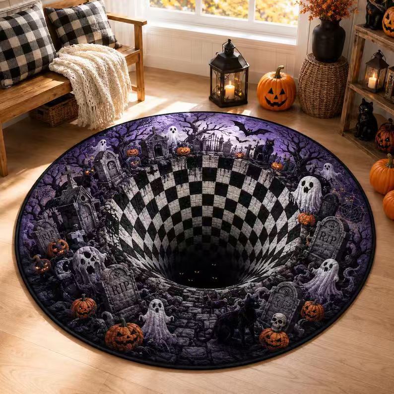 Halloween Rug 3D Pumpkin & Lantern Design Spot-Cleanable