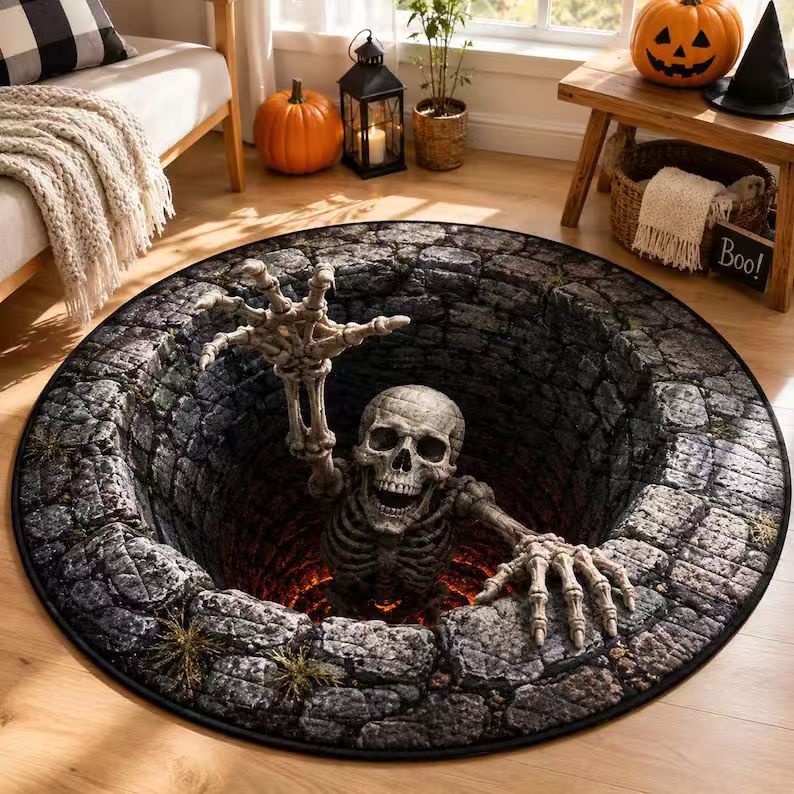 Halloween Rug 3D Pumpkin & Lantern Design Spot-Cleanable