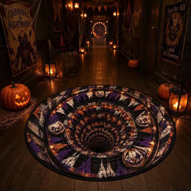 Halloween Rug 3D Pumpkin & Lantern Design Spot-Cleanable