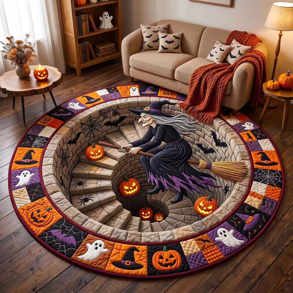 Halloween Rug 3D Pumpkin & Lantern Design Spot-Cleanable