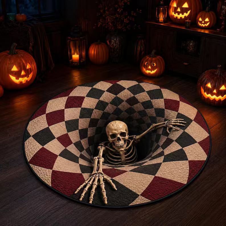 Halloween Rug 3D Pumpkin & Lantern Design Spot-Cleanable