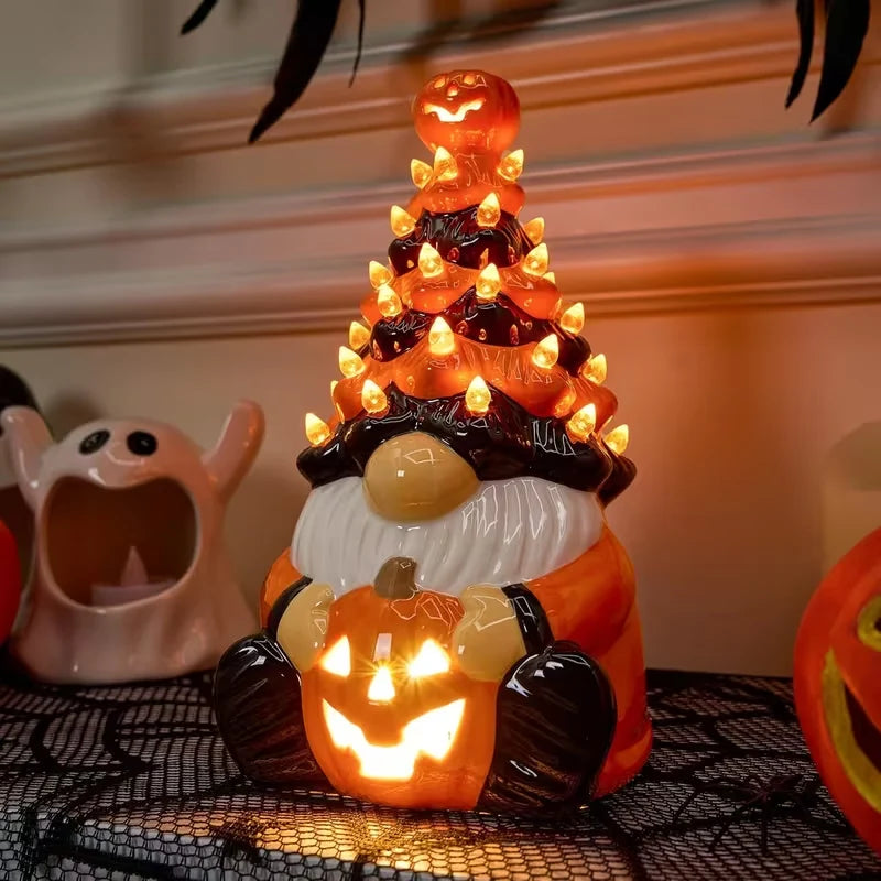 Halloween Tabletop Decor Lighted Pumpkin Gnome Tree