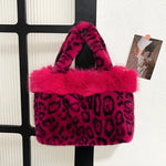 Handbag Faux Fur Leopard Print Spacious Interior
