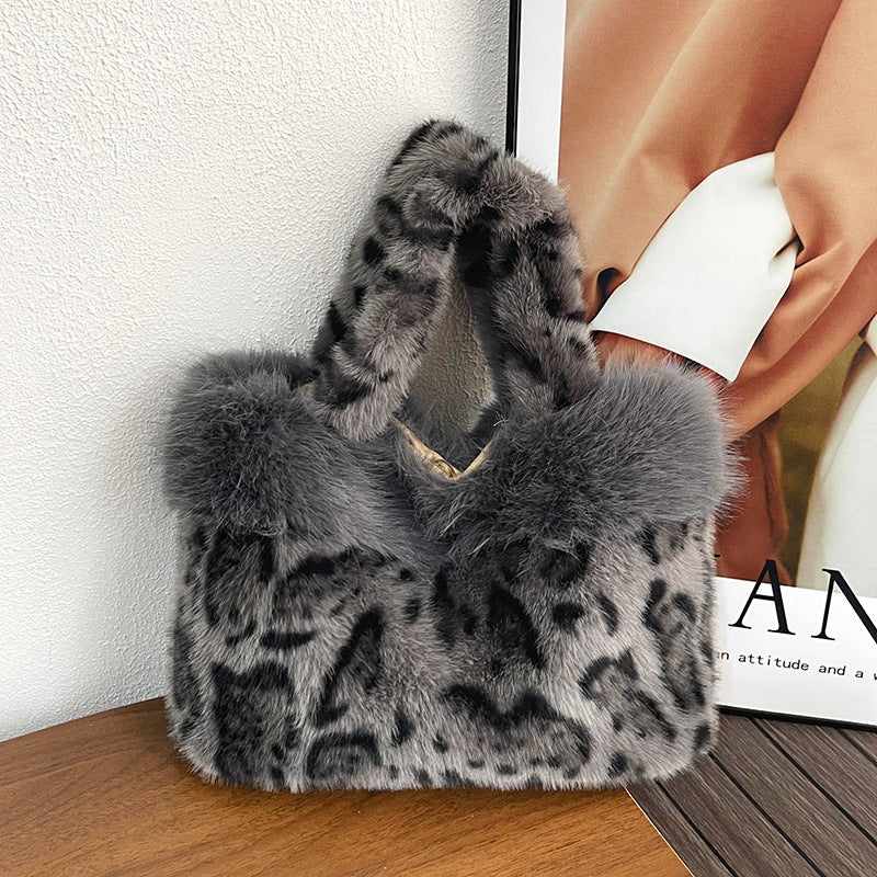 Handbag Faux Fur Leopard Print Spacious Interior