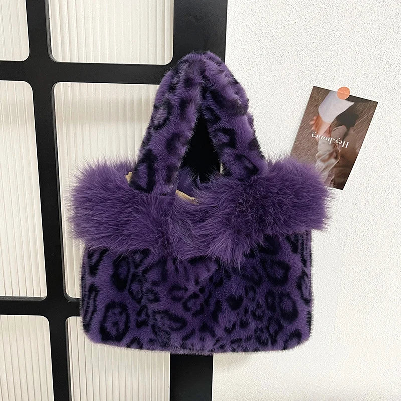Handbag Faux Fur Leopard Print Spacious Interior