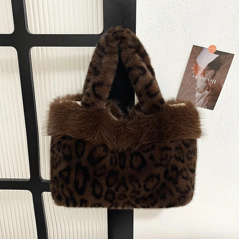 Handbag Faux Fur Leopard Print Spacious Interior