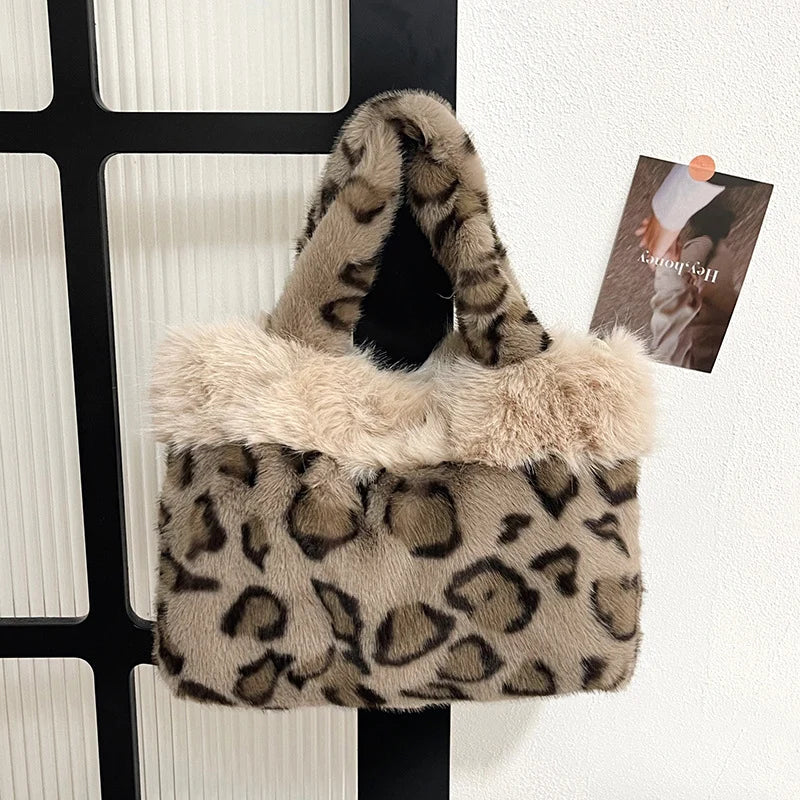 Handbag Faux Fur Leopard Print Spacious Interior