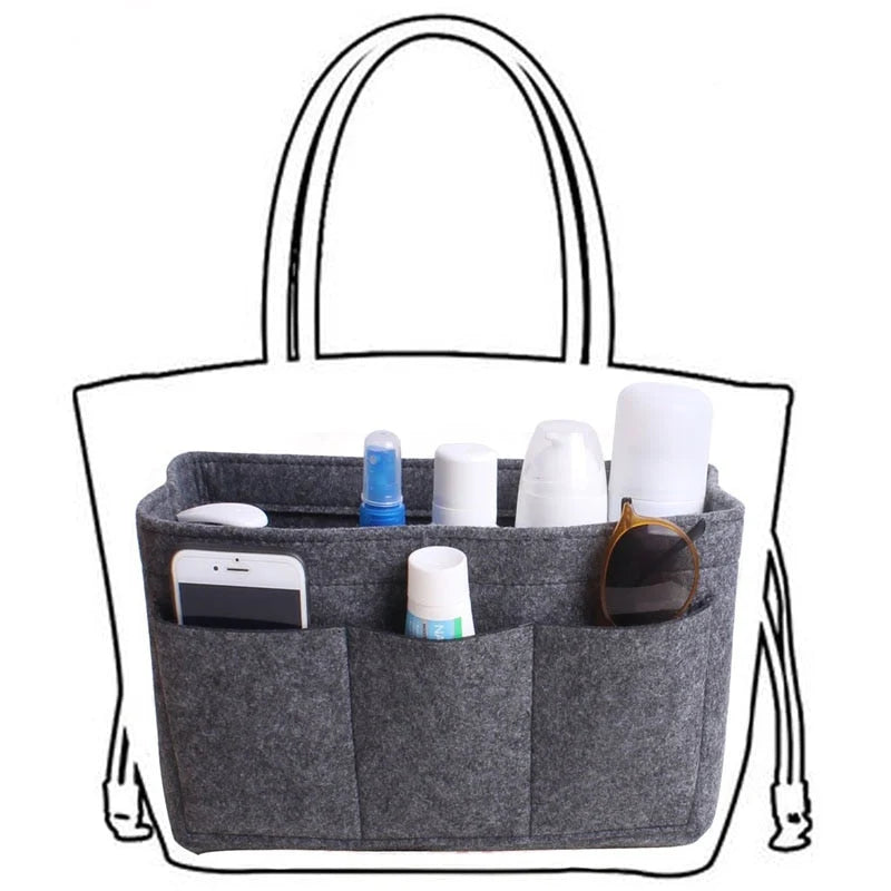 Handbag Organiser Insert 13 Compartments Felt Zipped Pocket