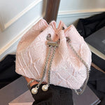 Handbag Satin Drawstring Closure Pearl & Chain Details