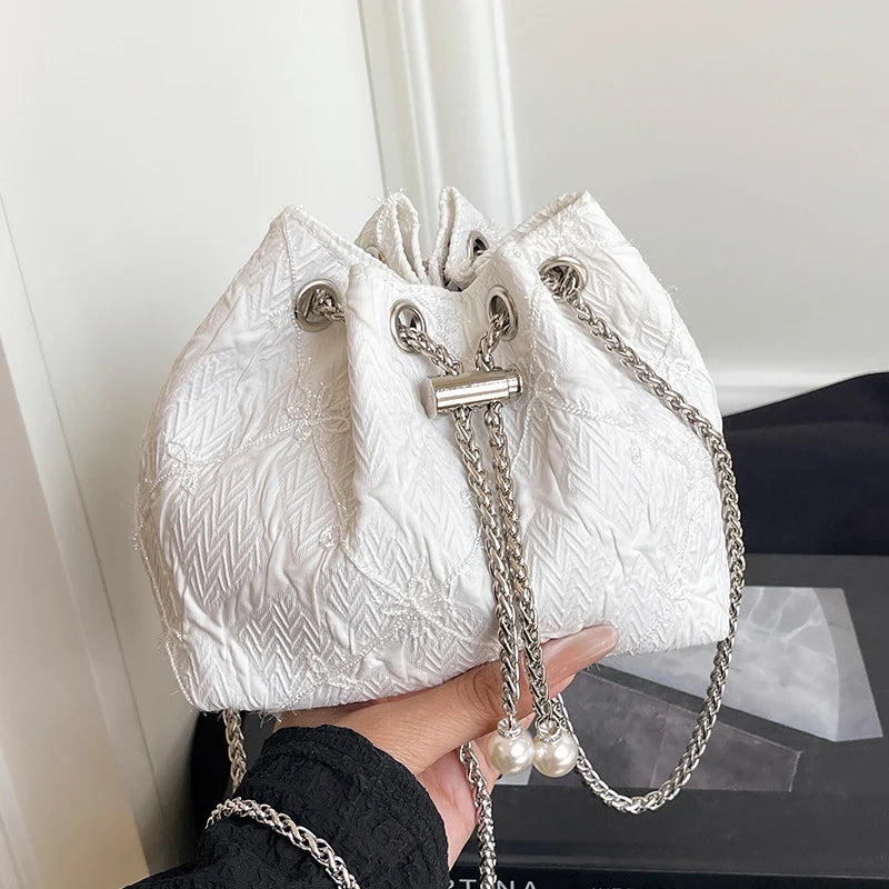 Handbag Satin Drawstring Closure Pearl & Chain Details