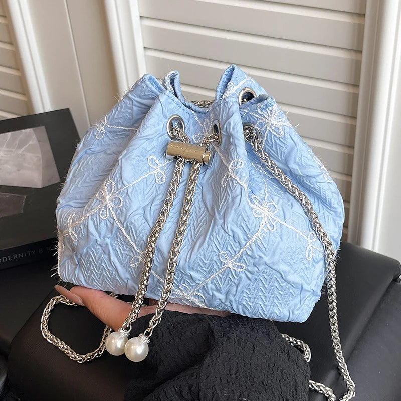 Handbag Satin Drawstring Closure Pearl & Chain Details