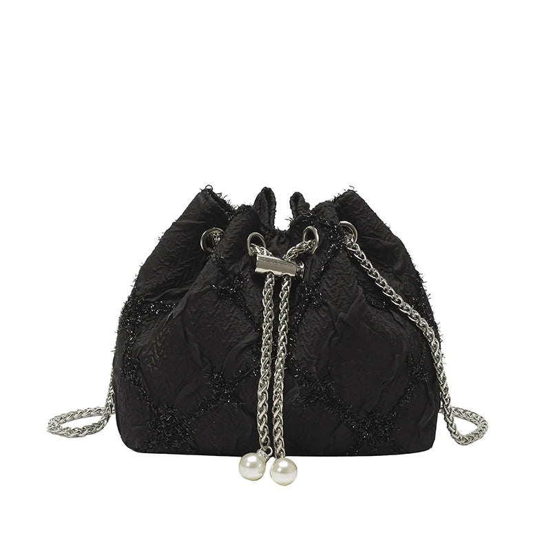 Handbag Satin Drawstring Closure Pearl & Chain Details