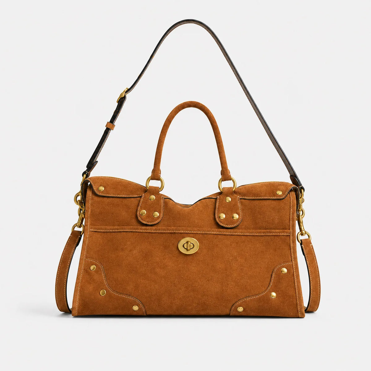 Handbag Suede Brass Accents Adjustable Shoulder Strap