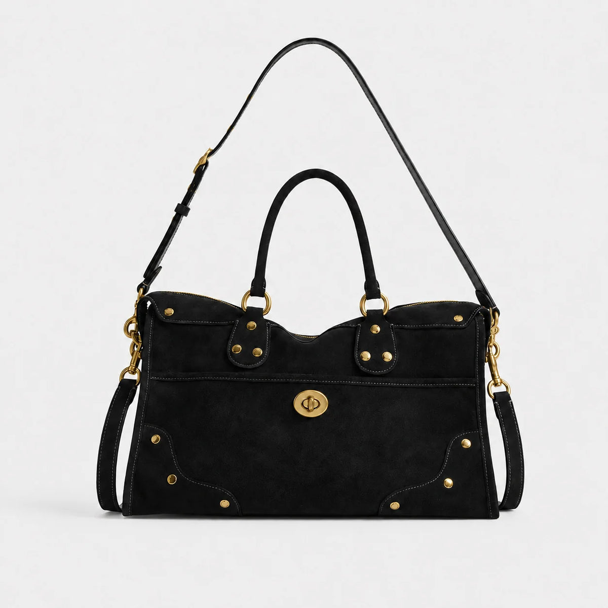 Handbag Suede Brass Accents Adjustable Shoulder Strap