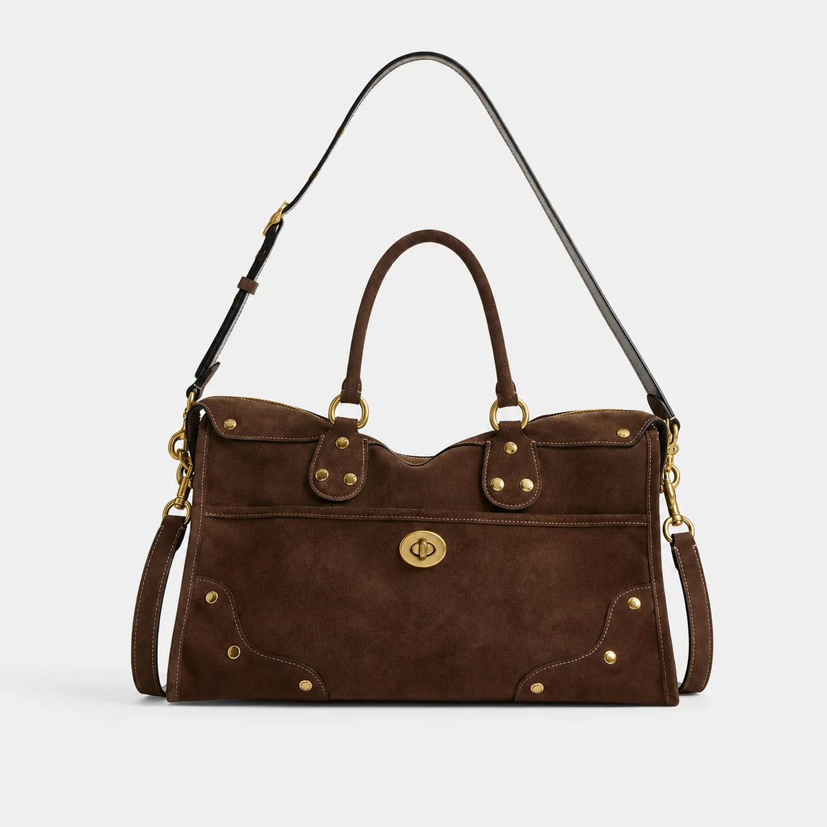 Handbag Suede Brass Accents Adjustable Shoulder Strap