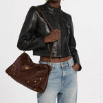 Handbag Suede Brass Accents Adjustable Shoulder Strap