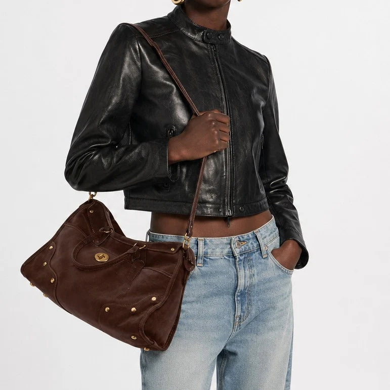 Handbag Suede Brass Accents Adjustable Shoulder Strap