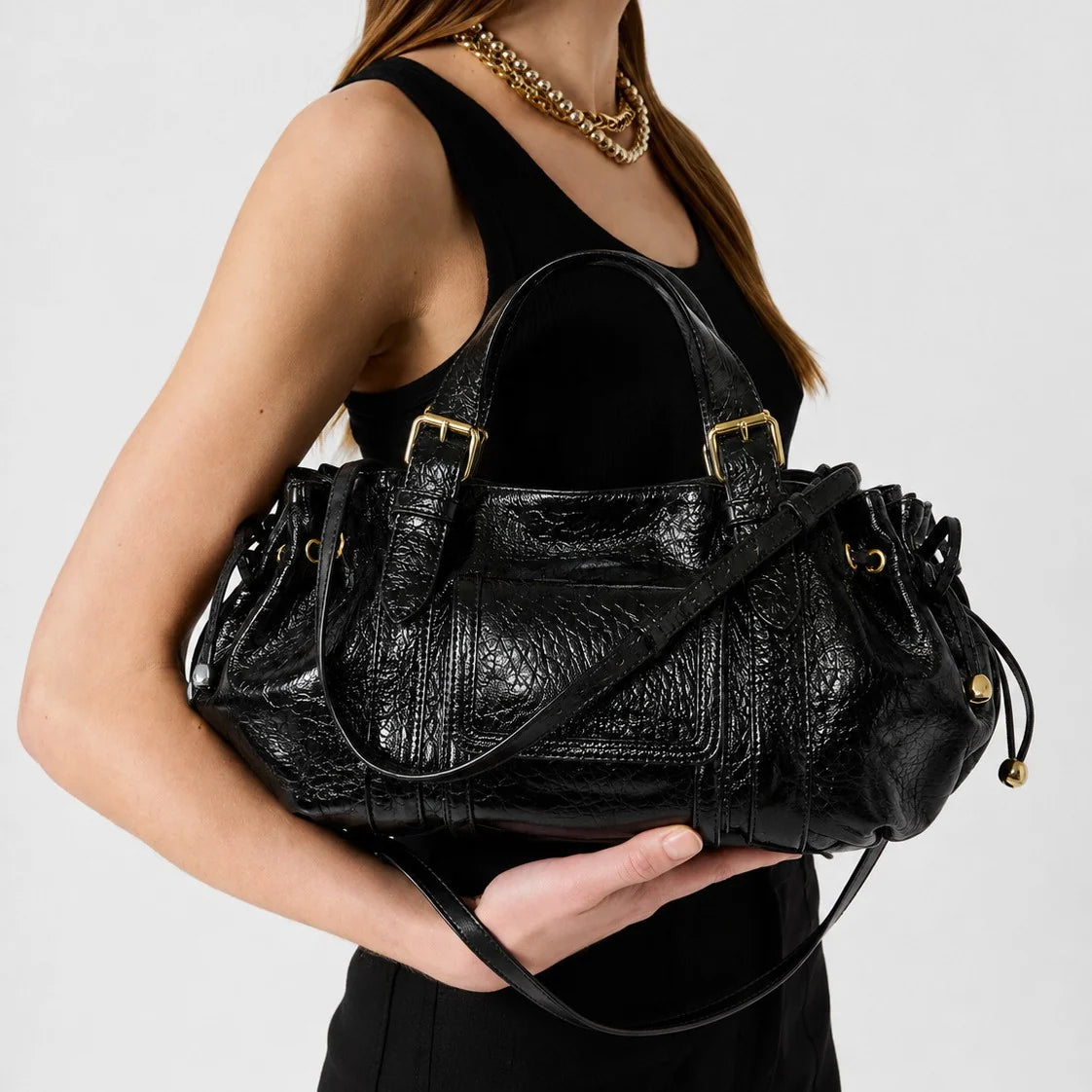 Handbag Textured Leather Detachable Shoulder Strap Spacious Interior