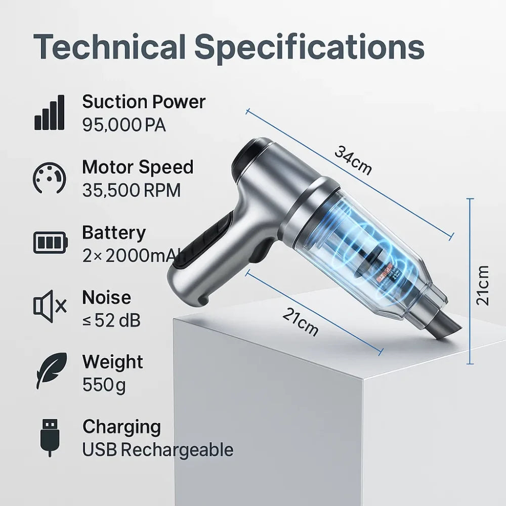 Handheld Car Vacuum Cordless 95,000PA Suction