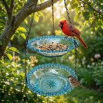 Hanging Bird Feeder & Bath Dual-Tier Weather-Resistant Pressed-Glass Look