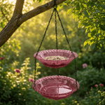 Hanging Bird Feeder & Bath Dual-Tier Weather-Resistant Pressed-Glass Look