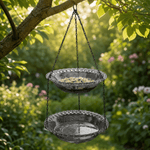 Hanging Bird Feeder & Bath Dual-Tier Weather-Resistant Pressed-Glass Look