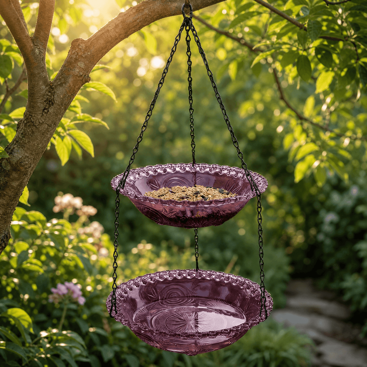 Hanging Bird Feeder & Bath Dual-Tier Weather-Resistant Pressed-Glass Look
