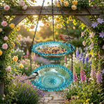Hanging Bird Feeder & Bath Dual-Tier Weather-Resistant Pressed-Glass Look